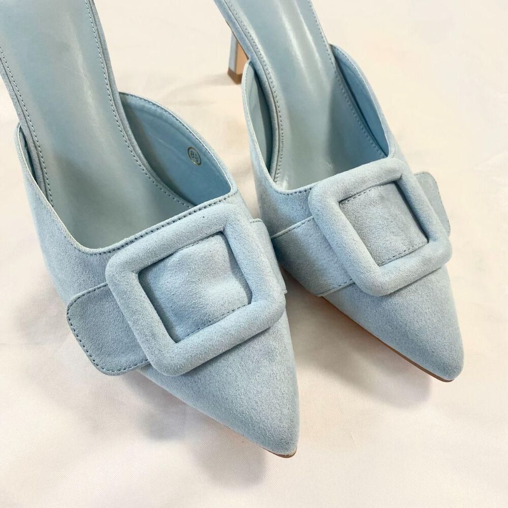 NEW Glam Coquette Powder Blue Faux Suede Buckle Pointy Kitten Heels US 8.5 - Picture 4 of 7